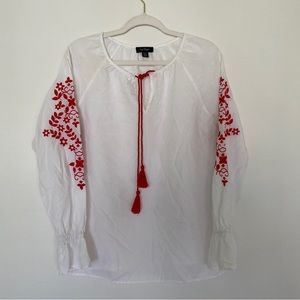 Lord & Taylor boho white top w/ red floral embroidery on sleeves, Size M